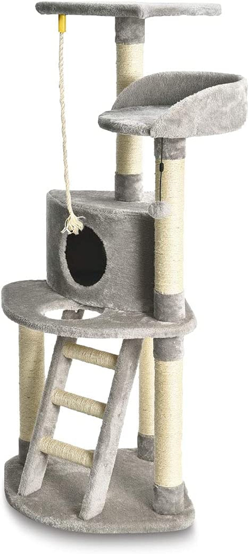 Chic Light Grey Cat Condo Tower with Scratching Post & Step Ladder - 52" Cozy Haven for Your Feline Friend