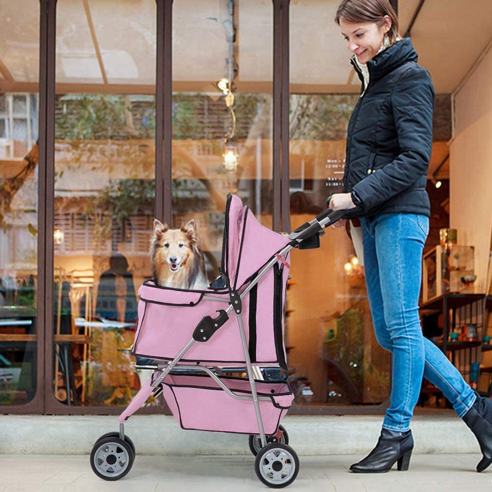 Deluxe Pink 3-Wheel Pet Stroller - Waterproof Folding Carrier for Small Dogs & Cats with Cup Holder & Removable Liner