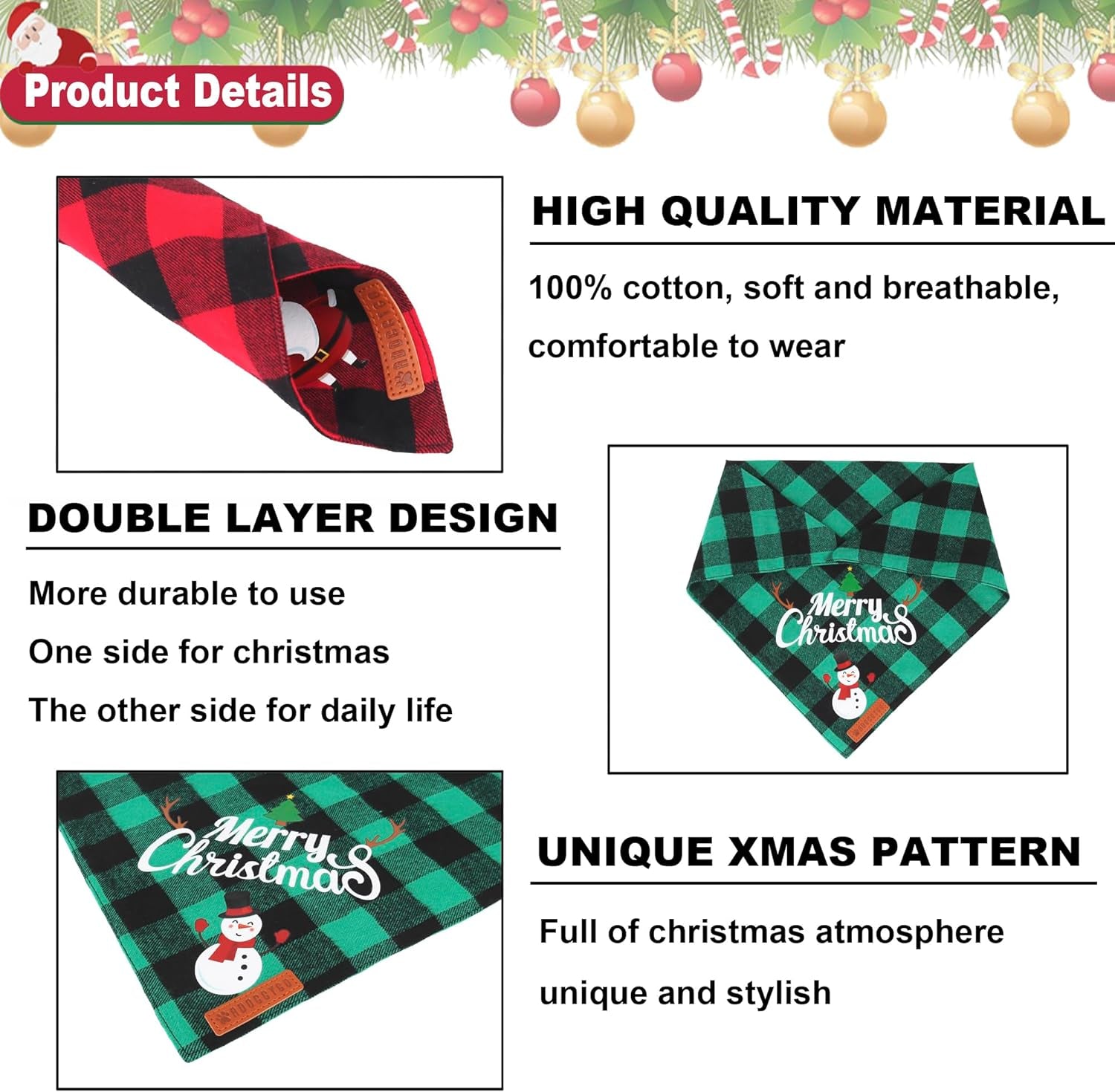 Festive 2-Pack Christmas Plaid Dog Bandanas - Adorable Santa & Snowman Designs for Medium & Large Dogs