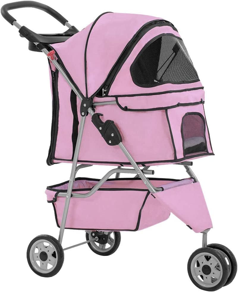 Deluxe Pink 3-Wheel Pet Stroller - Waterproof Folding Carrier for Small Dogs & Cats with Cup Holder & Removable Liner