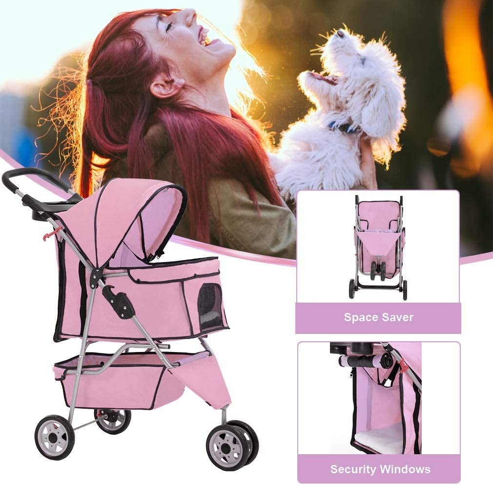 Deluxe Pink 3-Wheel Pet Stroller - Waterproof Folding Carrier for Small Dogs & Cats with Cup Holder & Removable Liner