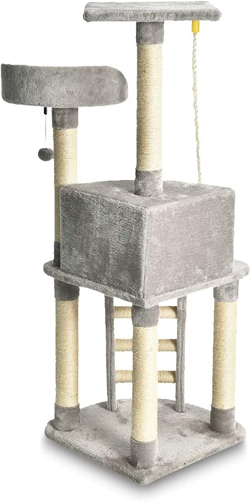 Chic Light Grey Cat Condo Tower with Scratching Post & Step Ladder - 52" Cozy Haven for Your Feline Friend