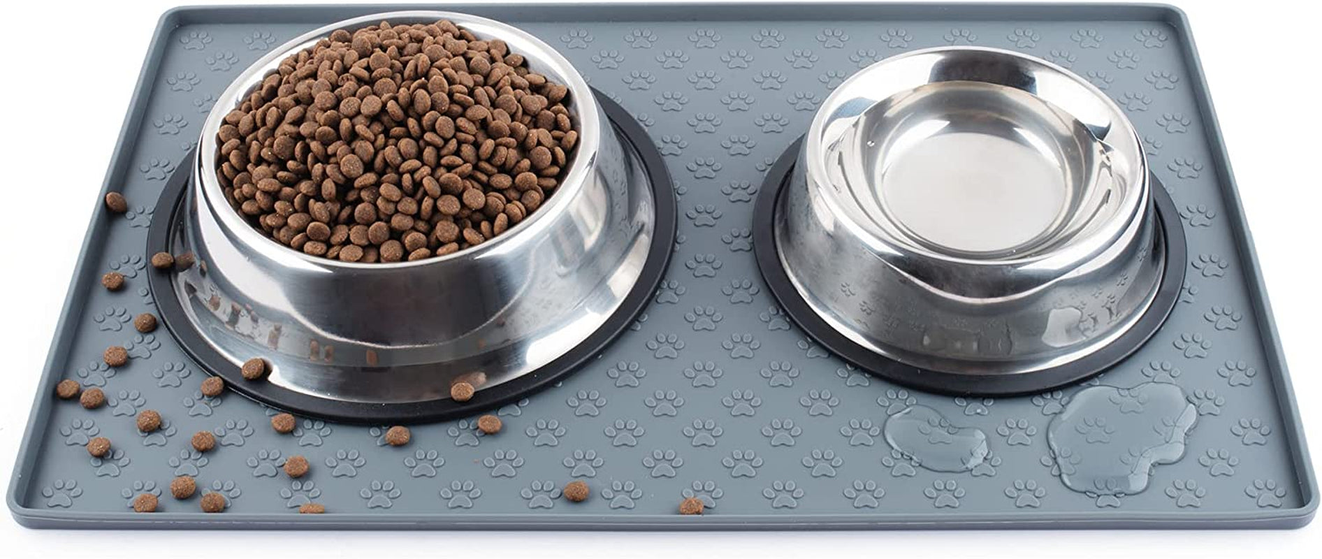 Premium Waterproof Silicone Dog and Cat Food Mat - Nonslip Design with Raised Edges for a Clean Feeding Area - 18.9"x11.8" Grey