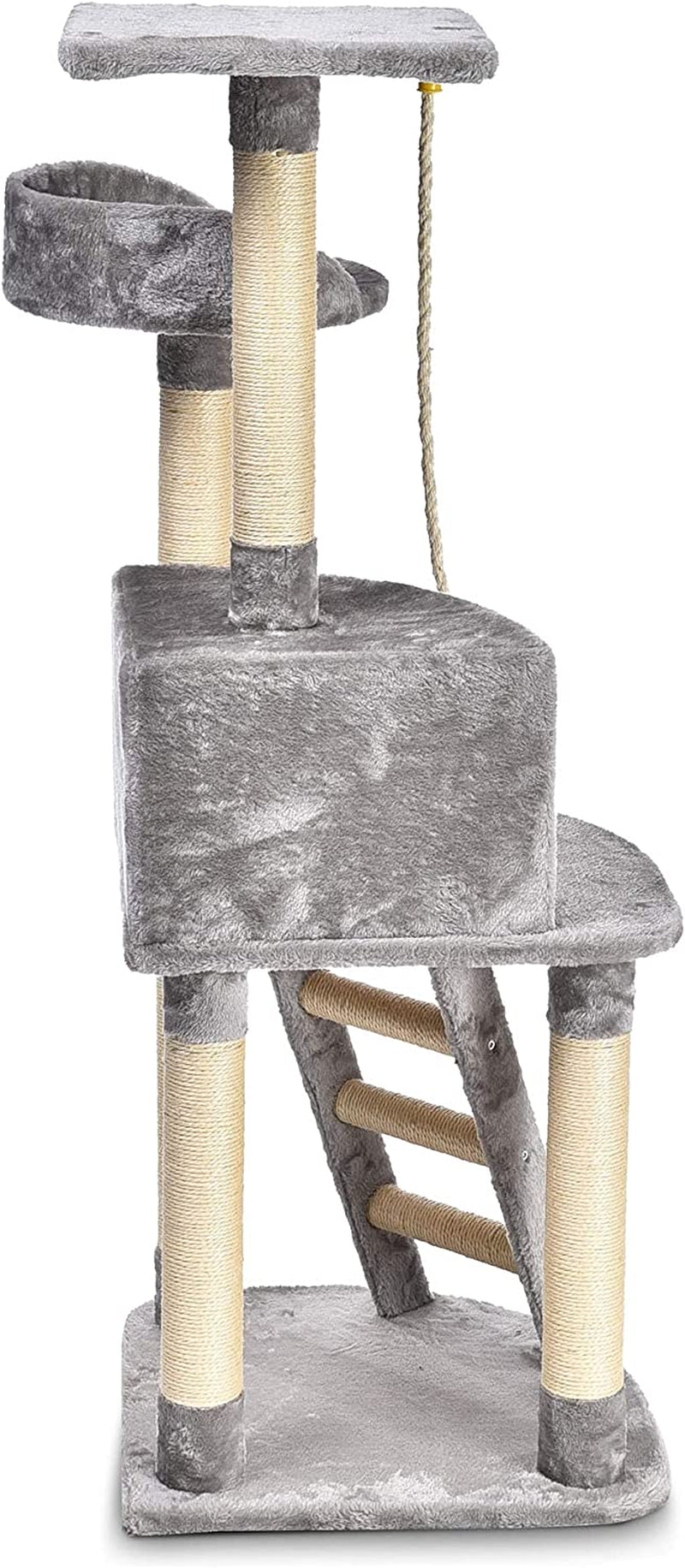 Chic Light Grey Cat Condo Tower with Scratching Post & Step Ladder - 52" Cozy Haven for Your Feline Friend