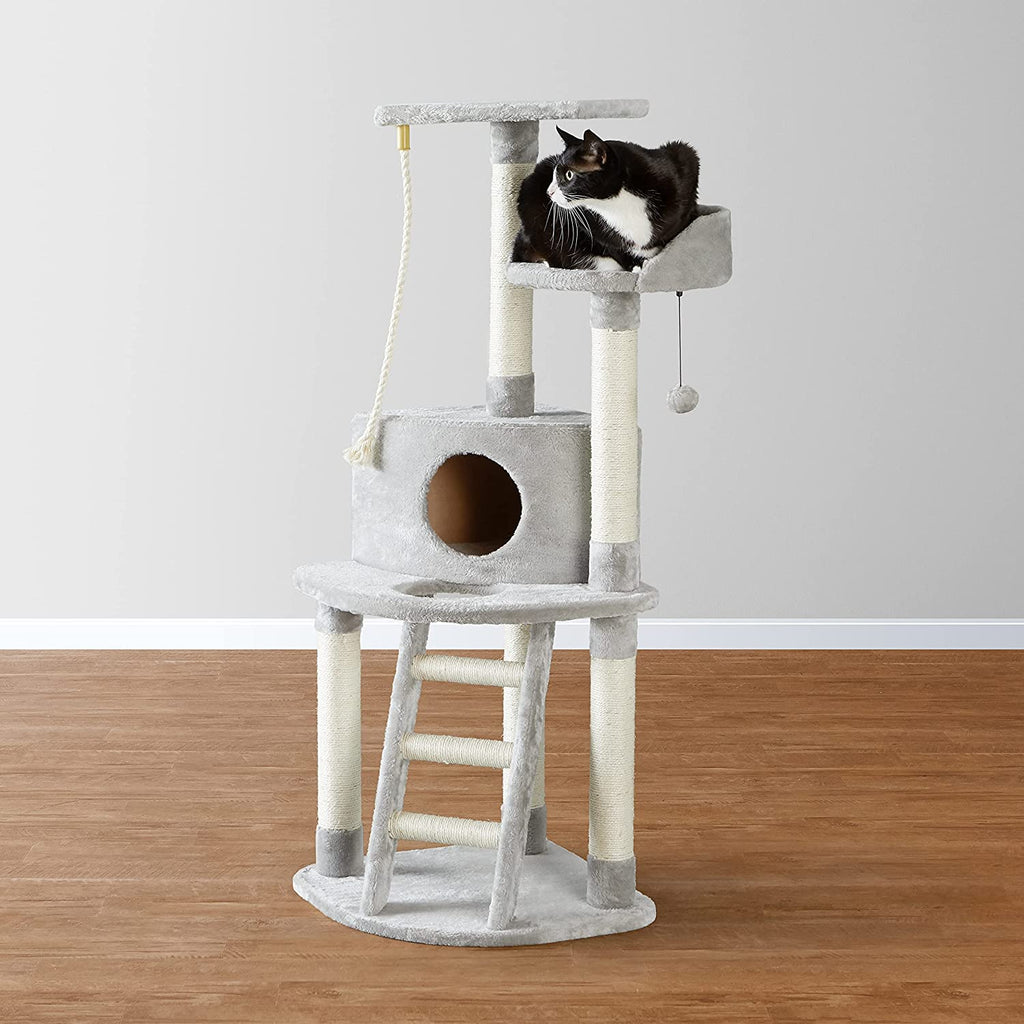 Chic Light Grey Cat Condo Tower with Scratching Post & Step Ladder - 52" Cozy Haven for Your Feline Friend