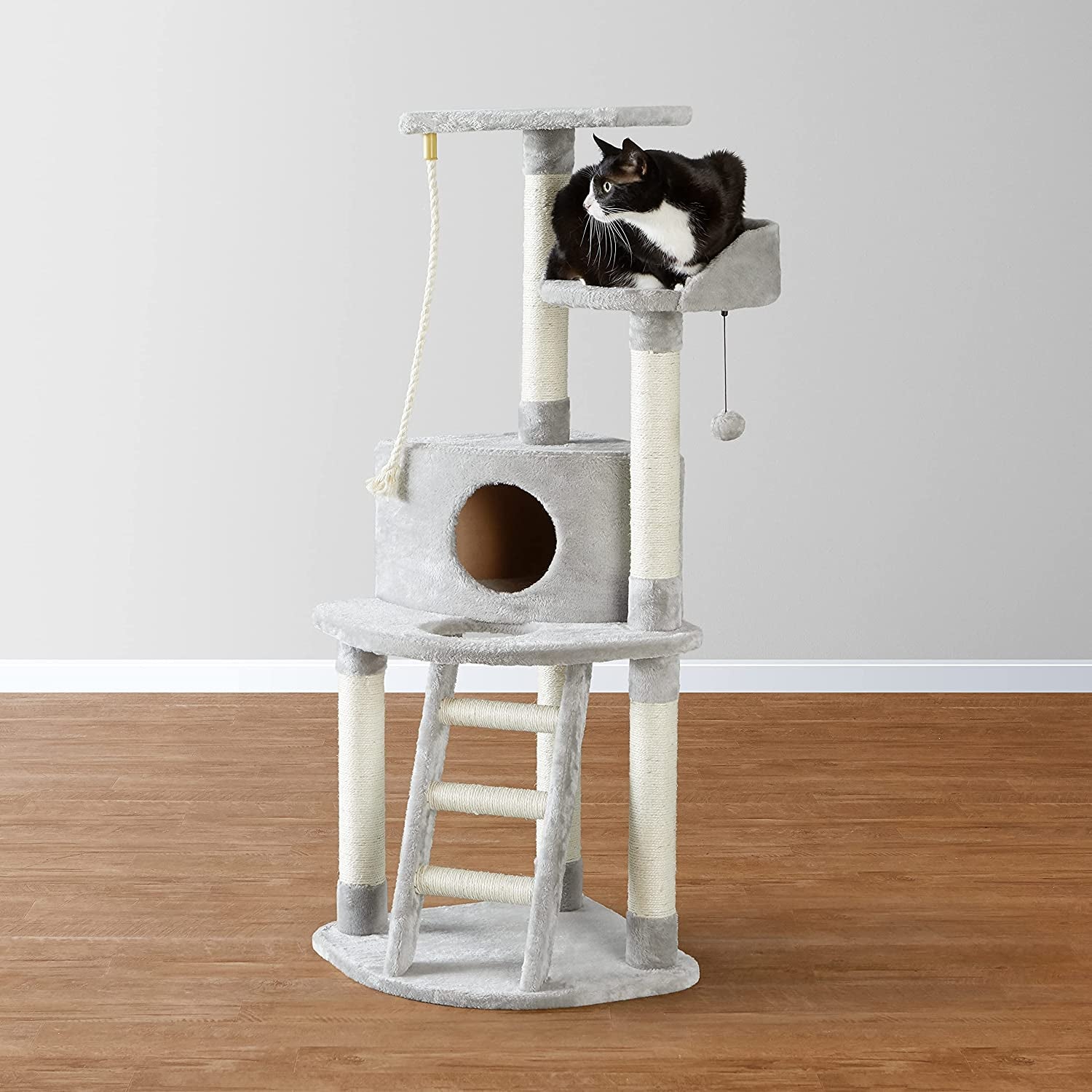 Chic Light Grey Cat Condo Tower with Scratching Post & Step Ladder - 52" Cozy Haven for Your Feline Friend