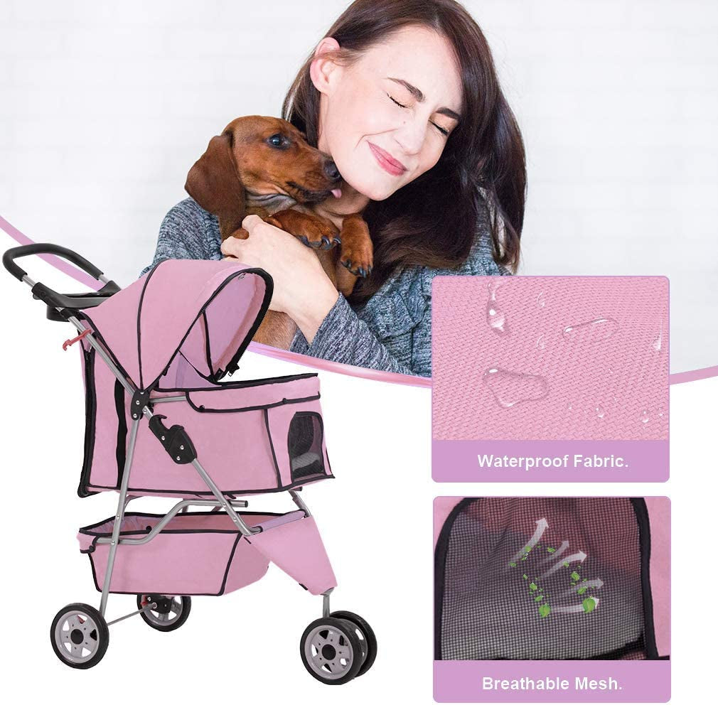 Deluxe Pink 3-Wheel Pet Stroller - Waterproof Folding Carrier for Small Dogs & Cats with Cup Holder & Removable Liner