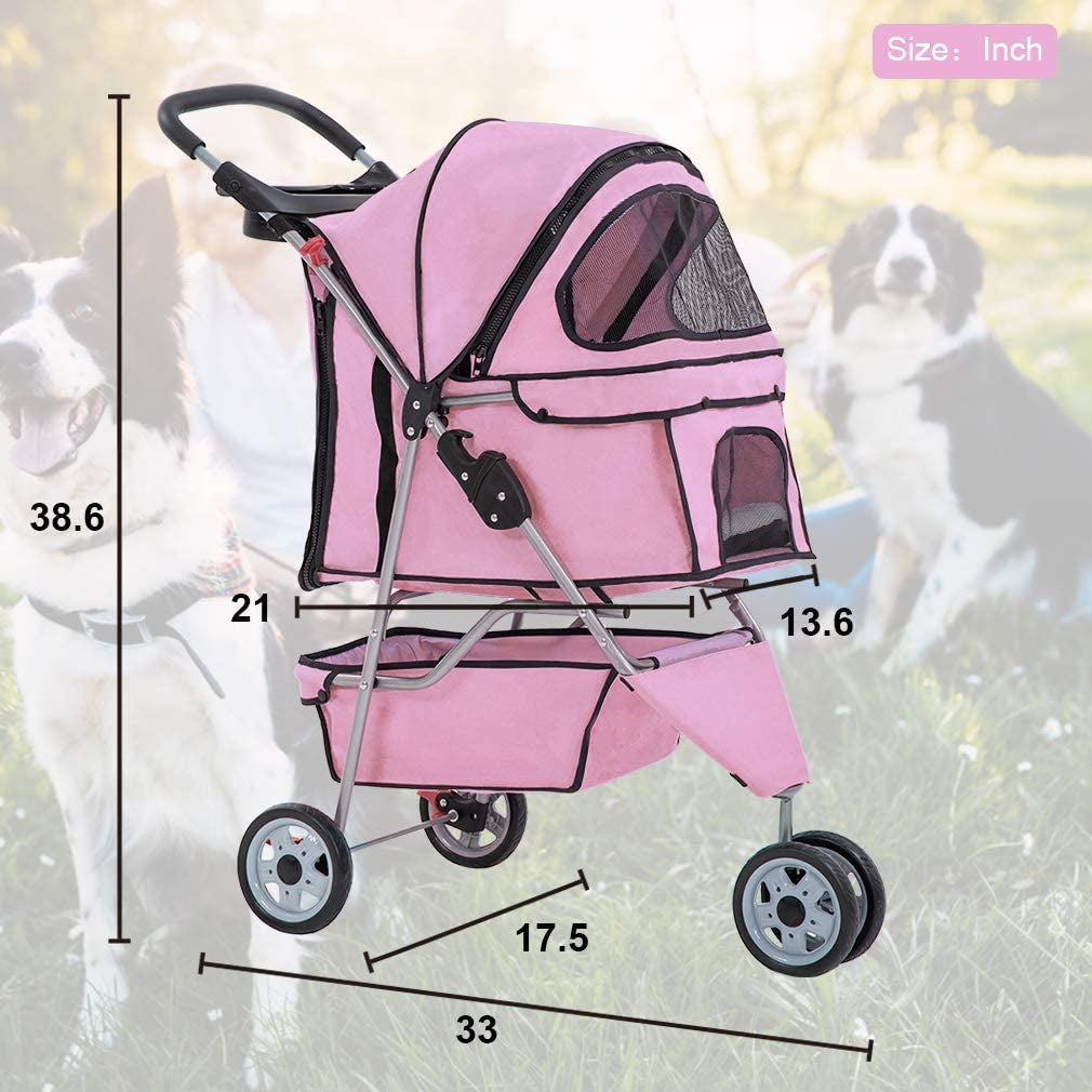 Deluxe Pink 3-Wheel Pet Stroller - Waterproof Folding Carrier for Small Dogs & Cats with Cup Holder & Removable Liner