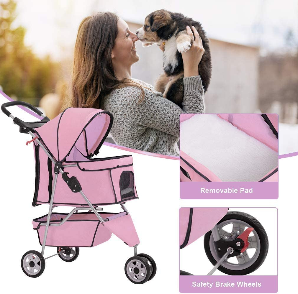 Deluxe Pink 3-Wheel Pet Stroller - Waterproof Folding Carrier for Small Dogs & Cats with Cup Holder & Removable Liner