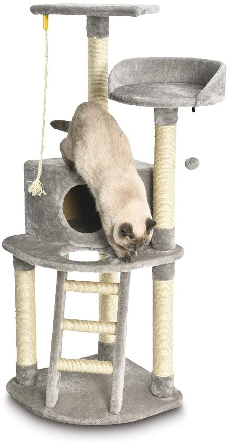 Chic Light Grey Cat Condo Tower with Scratching Post & Step Ladder - 52" Cozy Haven for Your Feline Friend