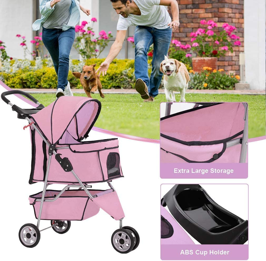 Deluxe Pink 3-Wheel Pet Stroller - Waterproof Folding Carrier for Small Dogs & Cats with Cup Holder & Removable Liner
