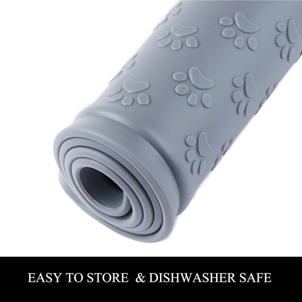 Premium Waterproof Silicone Dog and Cat Food Mat - Nonslip Design with Raised Edges for a Clean Feeding Area - 18.9"x11.8" Grey