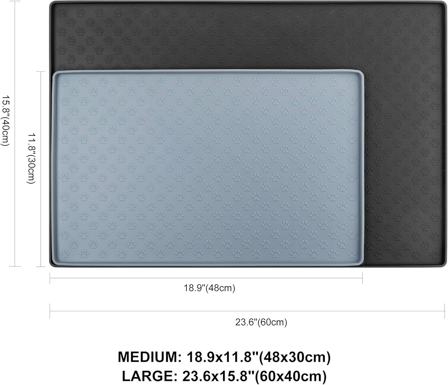 Premium Waterproof Silicone Dog and Cat Food Mat - Nonslip Design with Raised Edges for a Clean Feeding Area - 18.9"x11.8" Grey