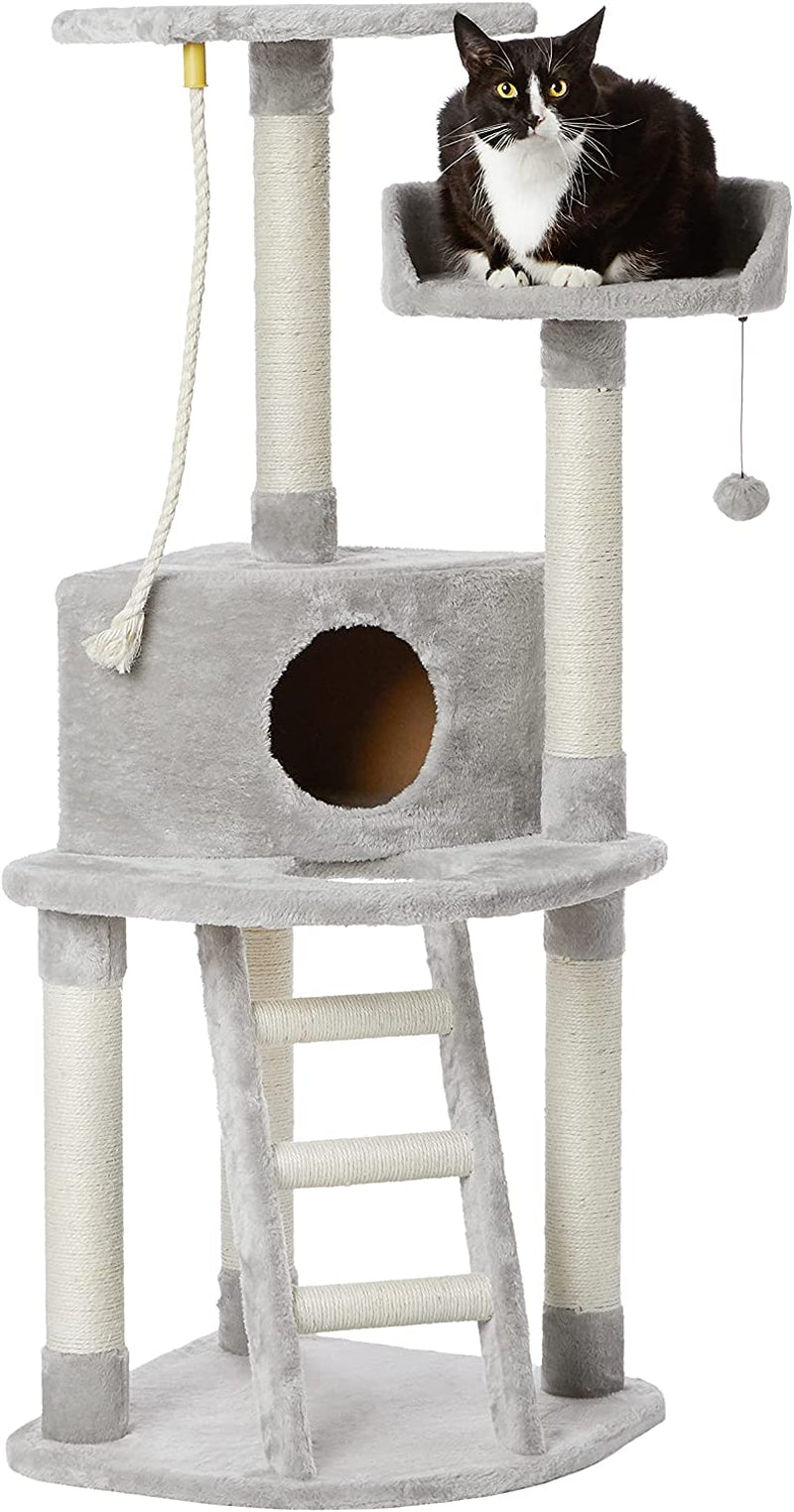 Chic Light Grey Cat Condo Tower with Scratching Post & Step Ladder - 52" Cozy Haven for Your Feline Friend