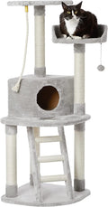 Chic Light Grey Cat Condo Tower with Scratching Post & Step Ladder - 52" Cozy Haven for Your Feline Friend