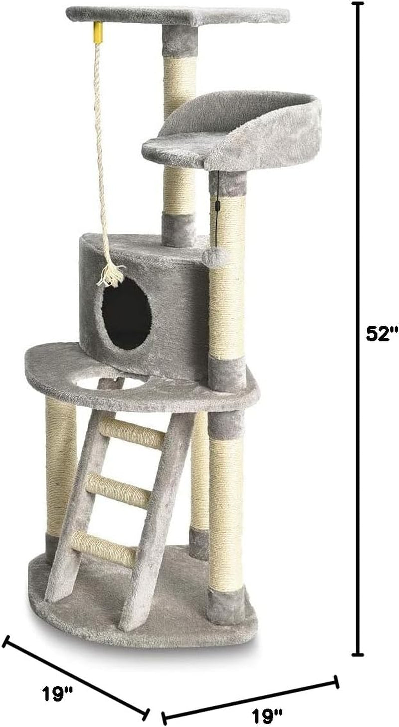 Chic Light Grey Cat Condo Tower with Scratching Post & Step Ladder - 52" Cozy Haven for Your Feline Friend
